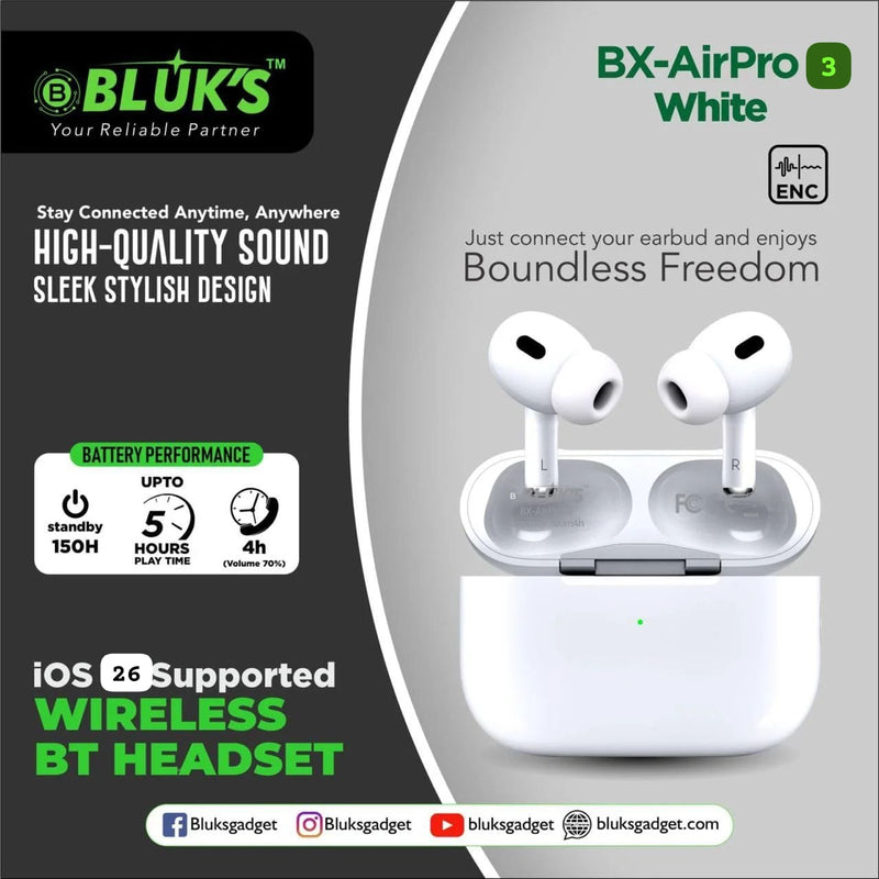🎧 BLUKS BX-AIRPRO 3 Wireless Earbuds (ANC + ENC) – White Edition