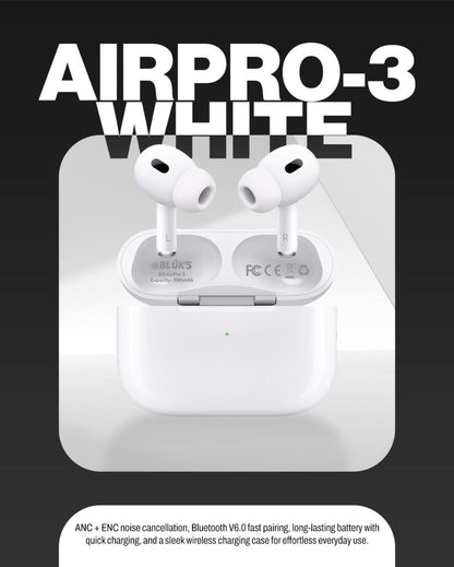 🎧 BLUKS BX-AIRPRO 3 Wireless Earbuds (ANC + ENC) – White Edition