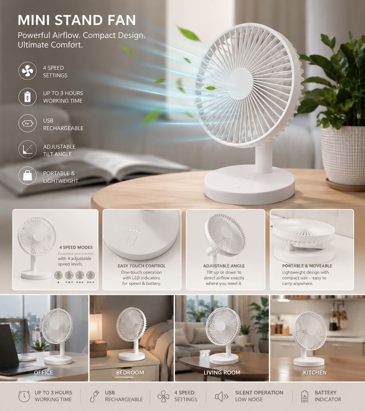 Mini USB Rechargeable Stand Fan – 4 Speed Adjustable Cooling