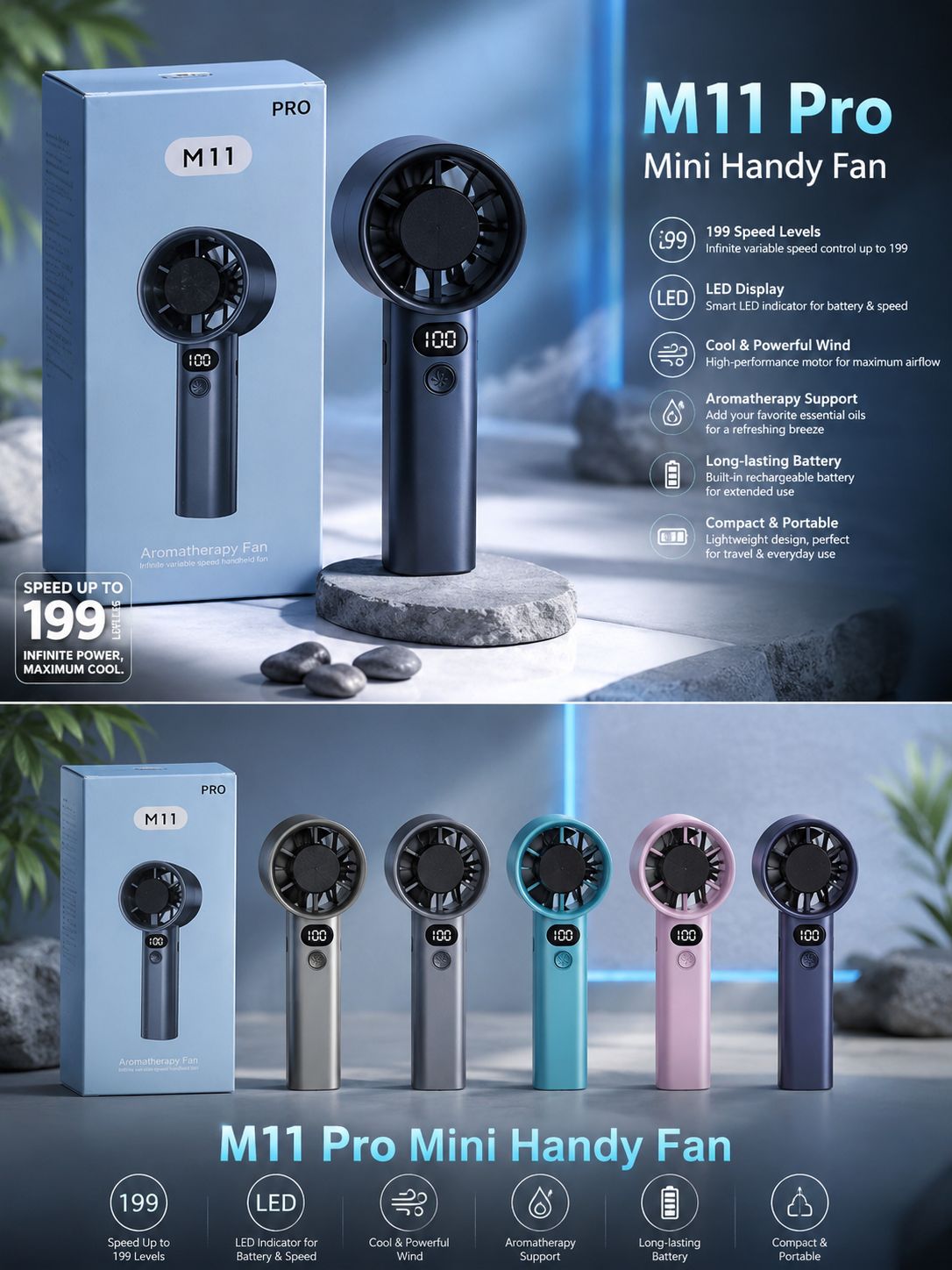 M11 PRO Mini Handy Fan – USB Rechargeable with Digital LED Display