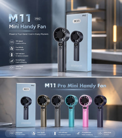 M11 PRO Mini Handy Fan – USB Rechargeable with Digital LED Display