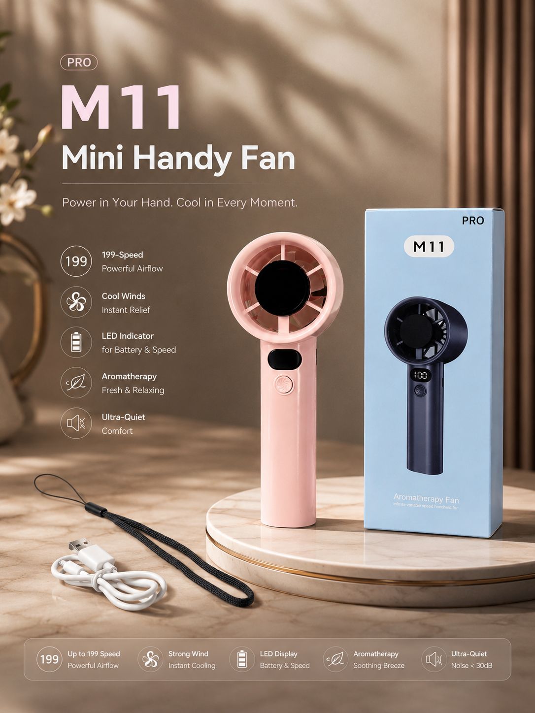 M11 PRO Mini Handy Fan – USB Rechargeable with Digital LED Display