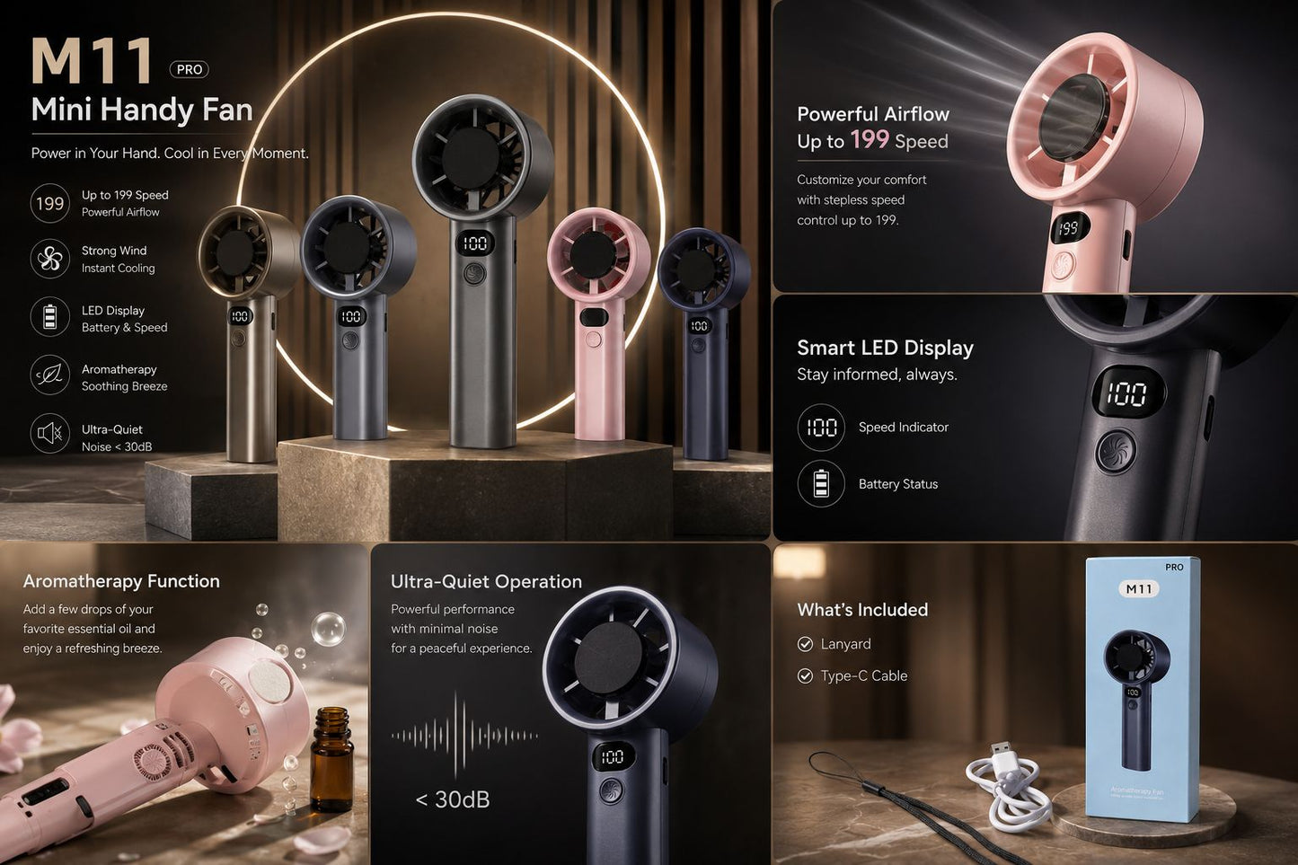 M11 PRO Mini Handy Fan – USB Rechargeable with Digital LED Display