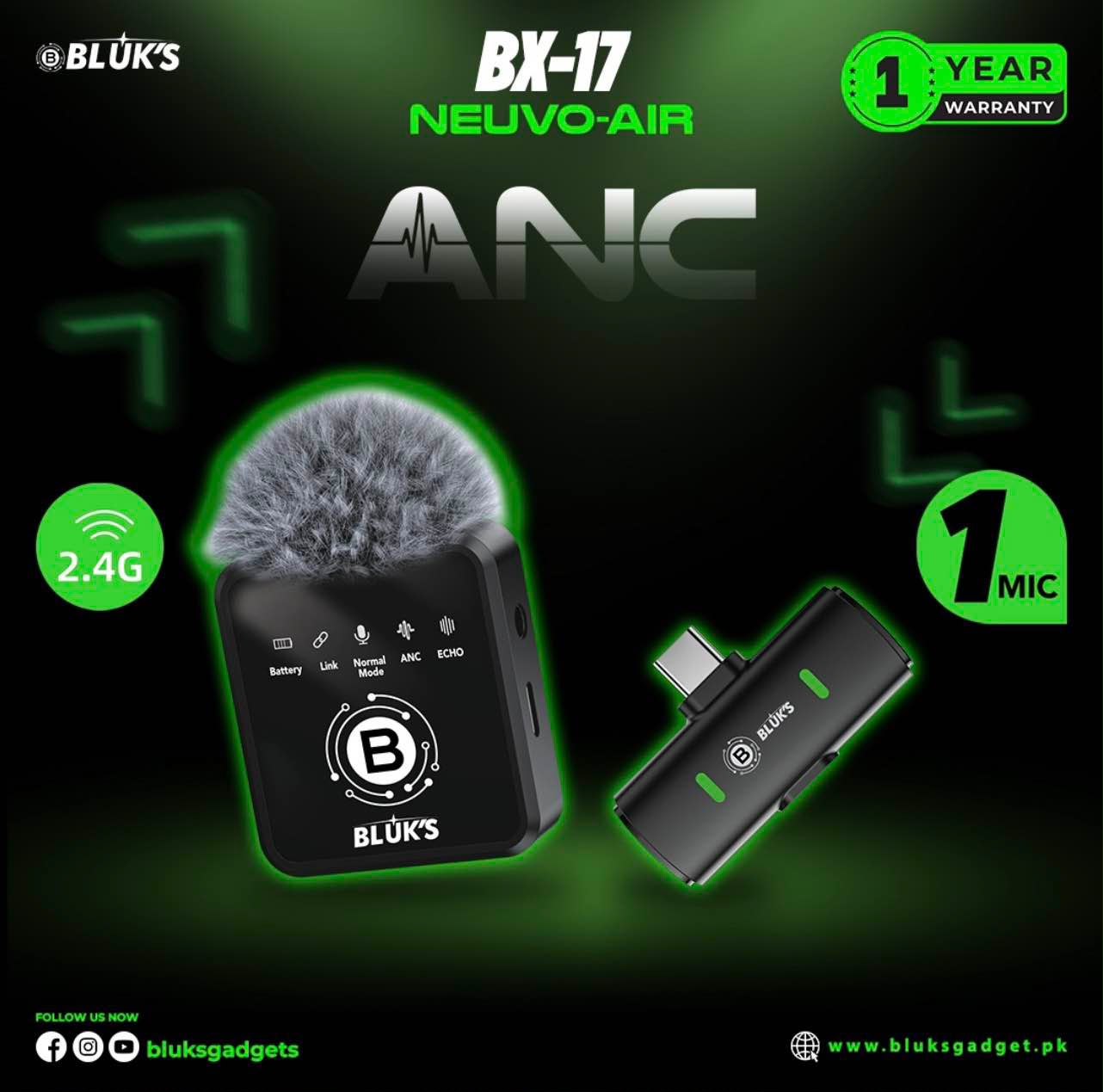 BLUK'S BX-17 Wireless ANC Lavalier Microphone (Type-C / iOS)